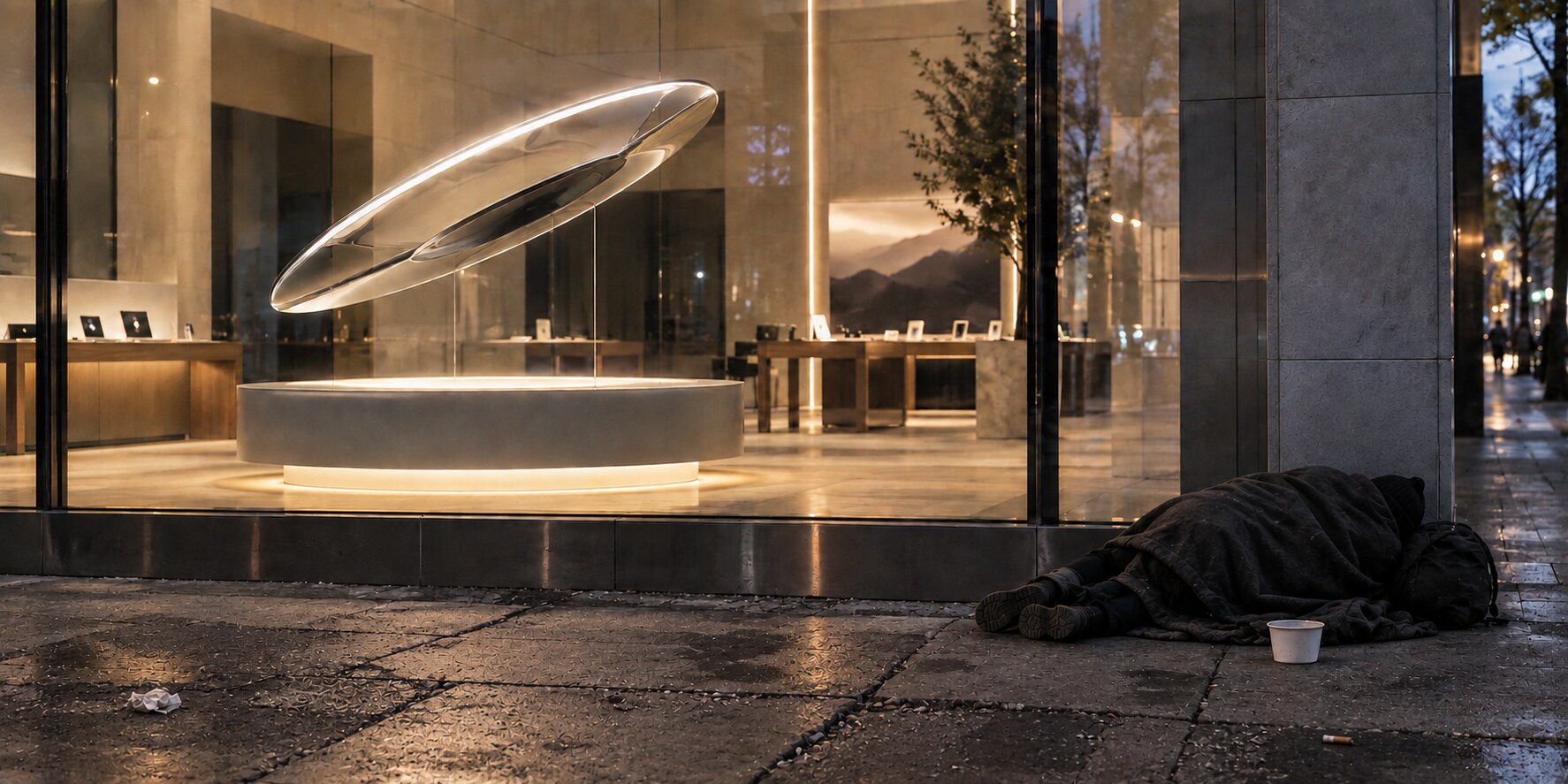 A luminous new product is displayed inside a pristine showroom while, just outside the window, a person lies beneath a dark blanket on the sidewalk.